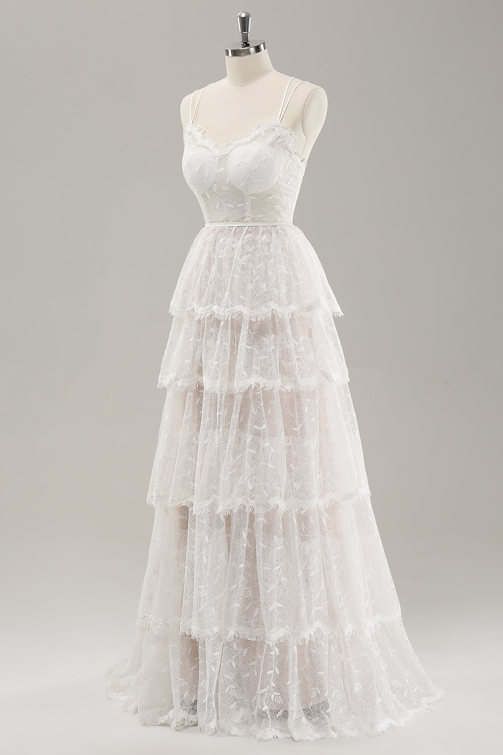 Vit A Line Spaghetti Straps Tiered Lace Bröllopsklänning med Snörning Upp Tillbaka