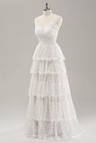 Vit A Line Spaghetti Straps Tiered Lace Bröllopsklänning med Snörning Upp Tillbaka