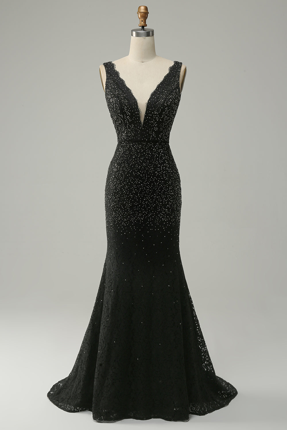Mermaid Deep V Neck Black Lace Long Prom Dress med pärlor