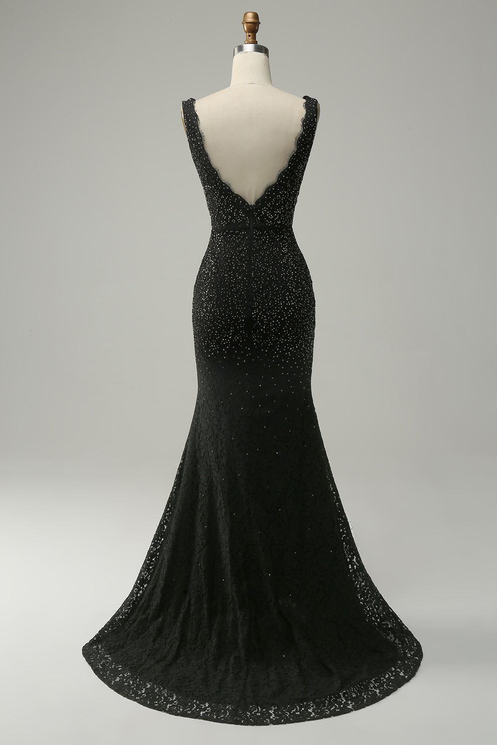 Mermaid Deep V Neck Black Lace Long Prom Dress med pärlor