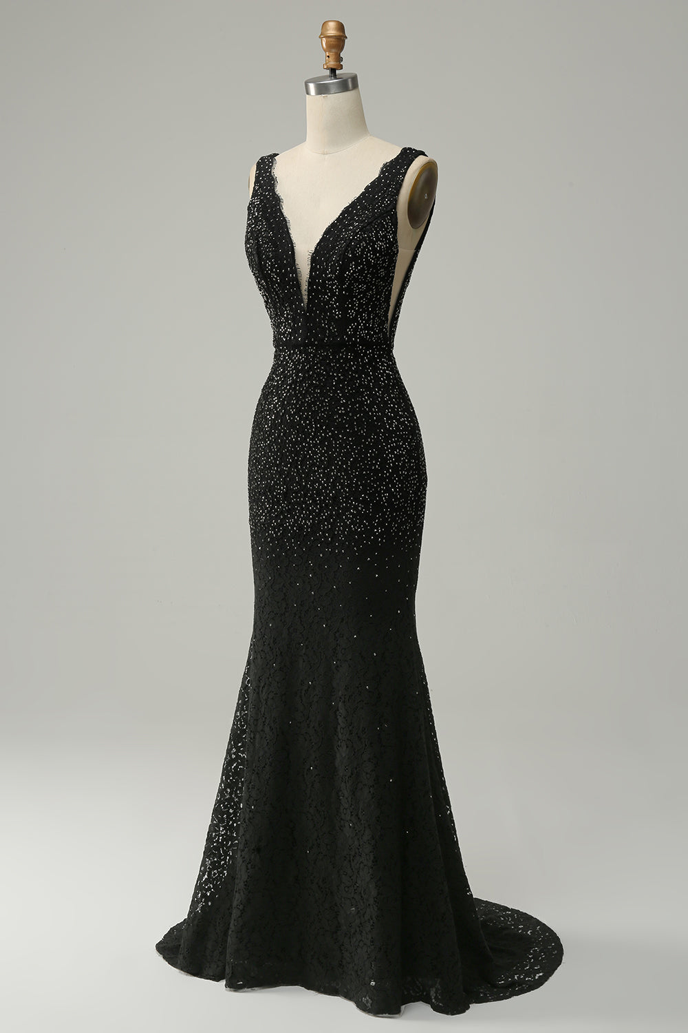 Mermaid Deep V Neck Black Lace Long Prom Dress med pärlor