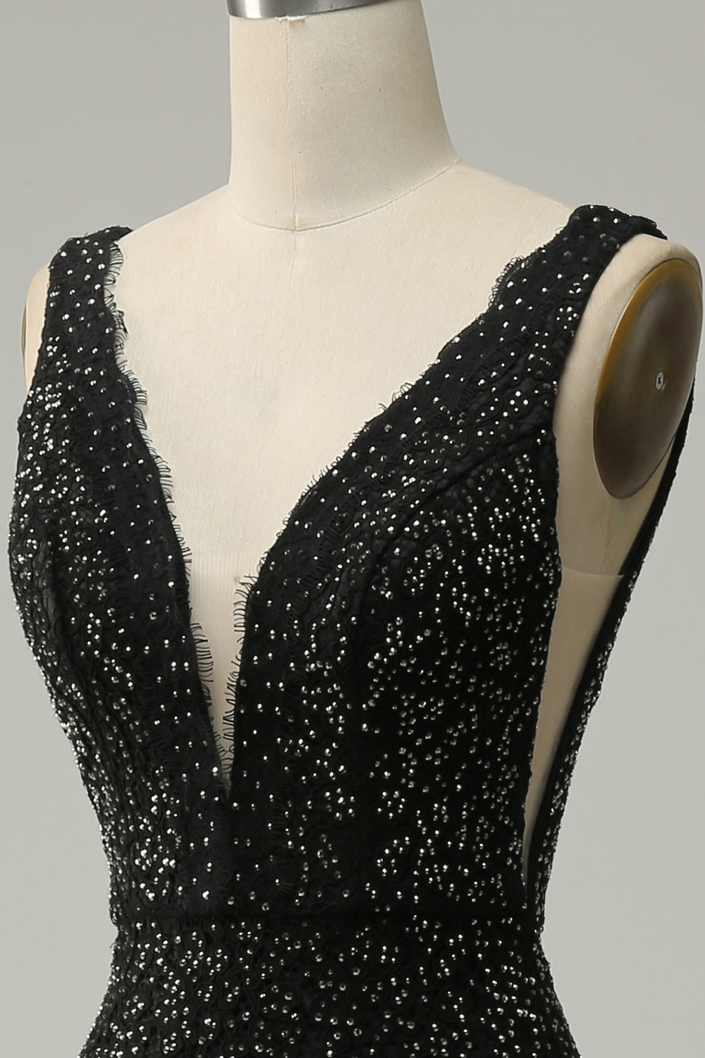 Mermaid Deep V Neck Black Lace Long Prom Dress med pärlor