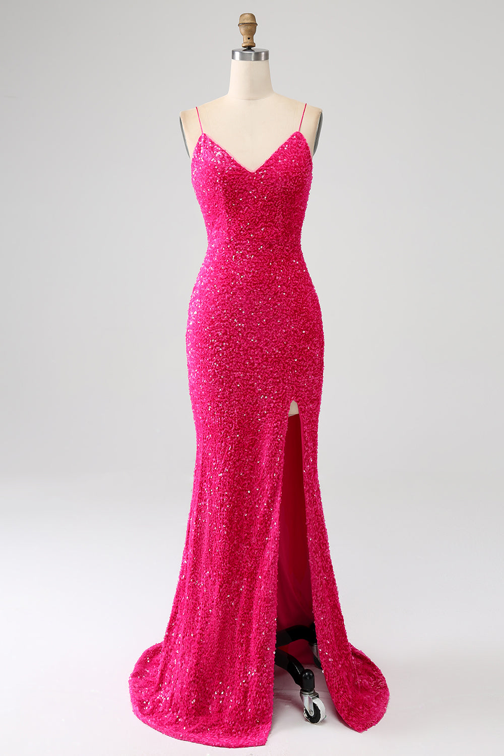 Glittrande Fuchsia Mermaid Spaghetti Straps V-ringad Paljett Lång Balklänning Med Split