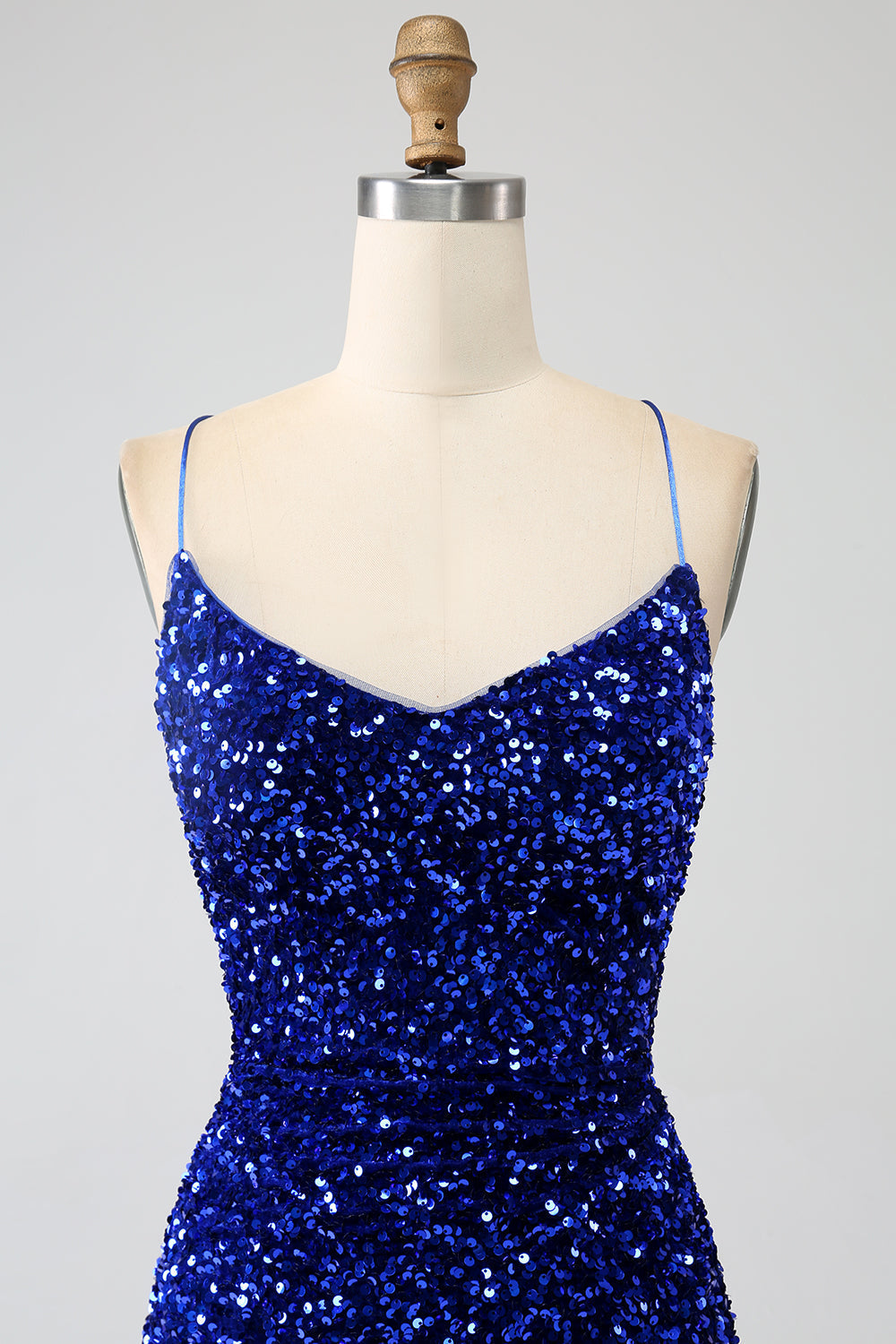 Glittrande Royal Blue Mermaid Spaghetti Straps Paljett Lång Balklänning Med Split