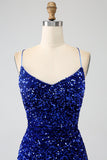 Glittrande Royal Blue Mermaid Spaghetti Straps Paljett Lång Balklänning Med Split