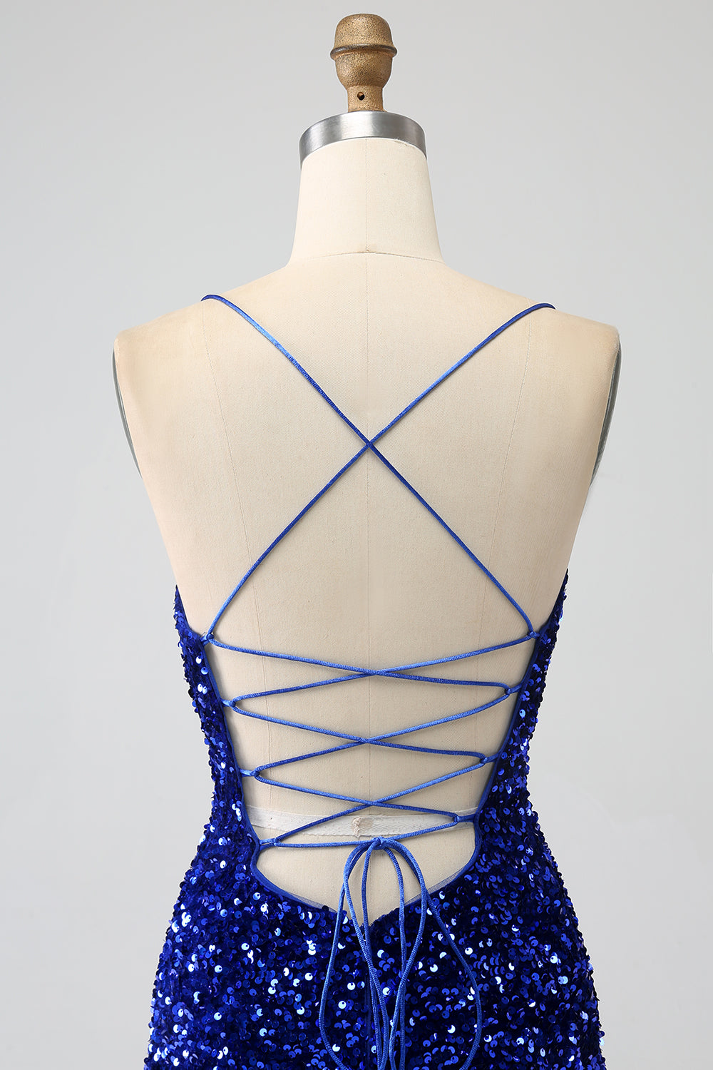 Glittrande Royal Blue Mermaid Spaghetti Straps Paljett Lång Balklänning Med Split