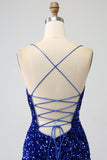 Glittrande Royal Blue Mermaid Spaghetti Straps Paljett Lång Balklänning Med Split