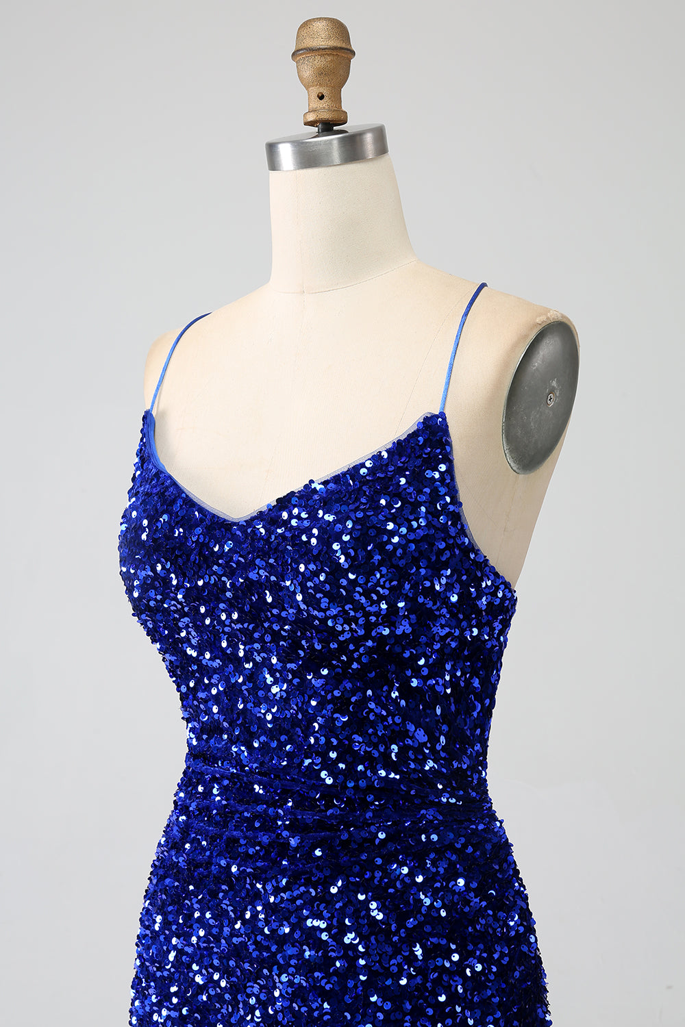 Glittrande Royal Blue Mermaid Spaghetti Straps Paljett Lång Balklänning Med Split