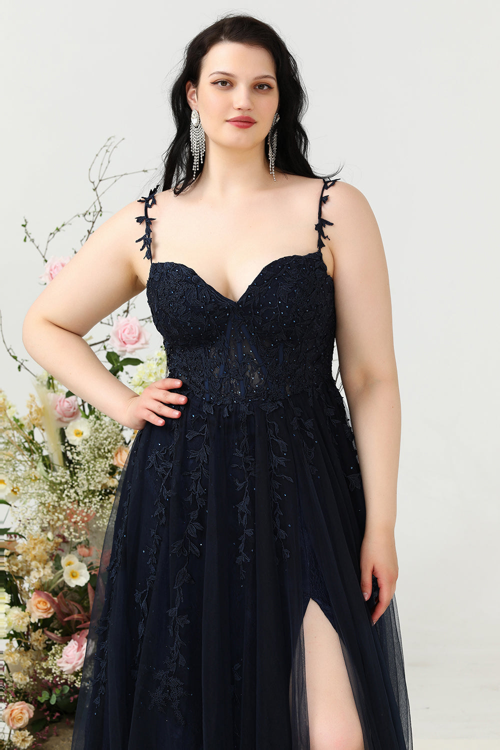 Marin En Linje Spaghettiband Plus Size Balklänning med Applikationer