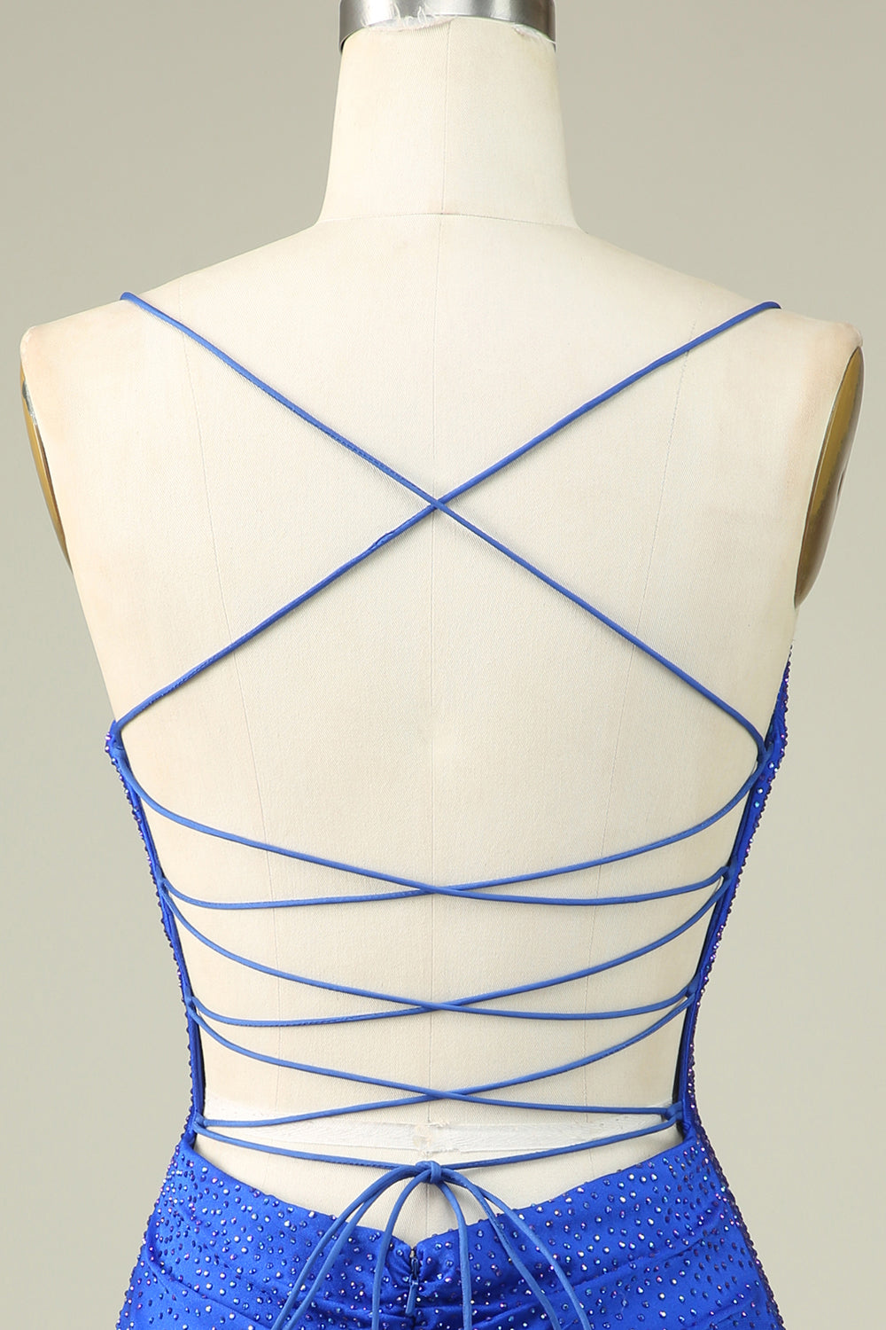 Sexig V-ringad Blå Spaghetti Straps Homecoming Klänning Med Beading