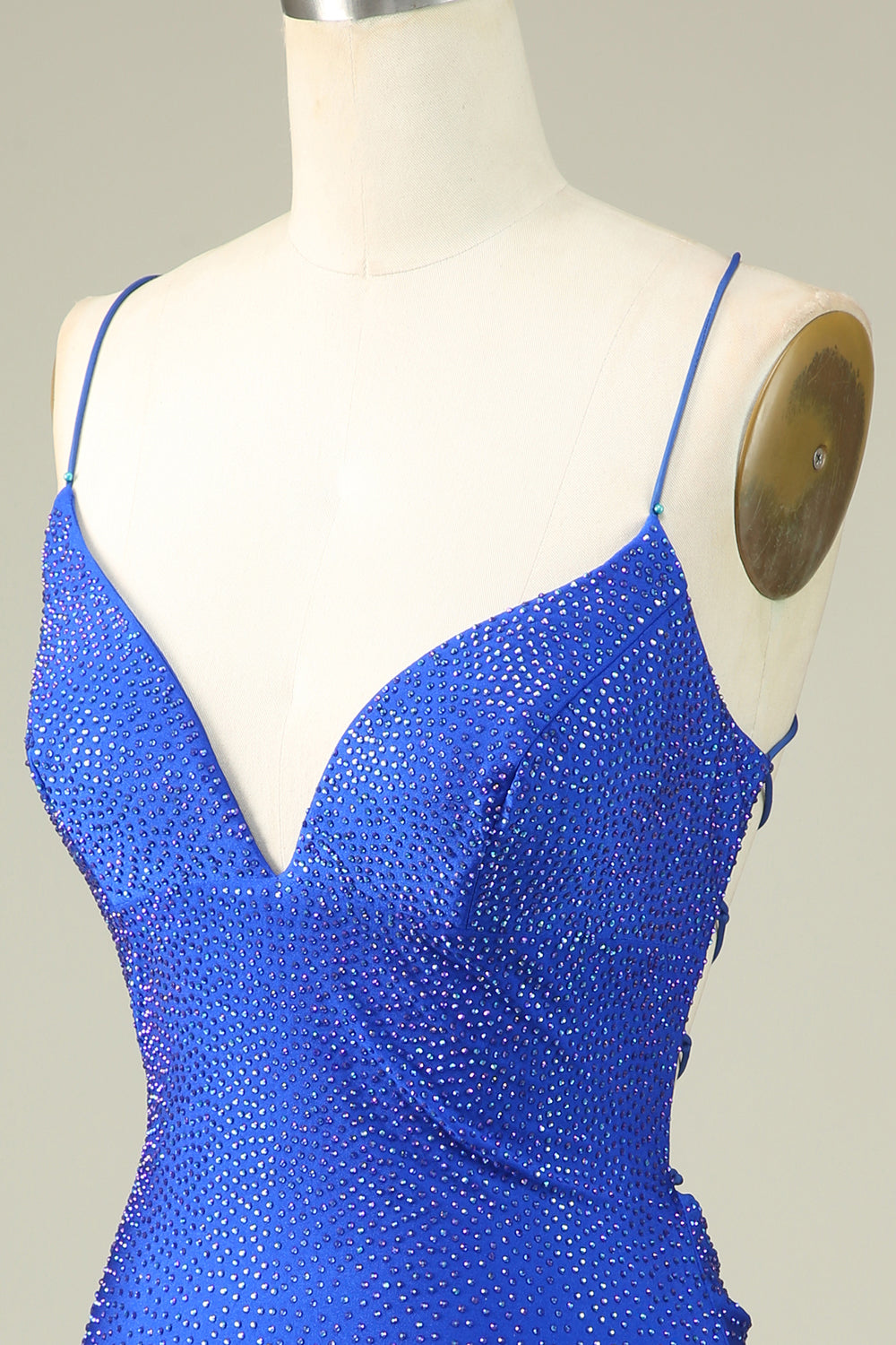 Sexig V-ringad Blå Spaghetti Straps Homecoming Klänning Med Beading