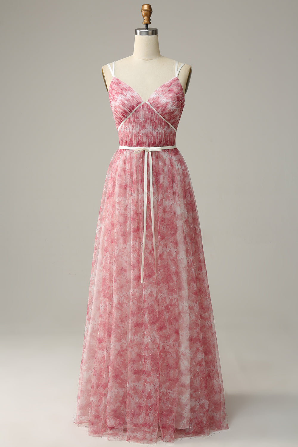 Blå Tryckt A-linje Tyll Lång Brudtärna Klänning