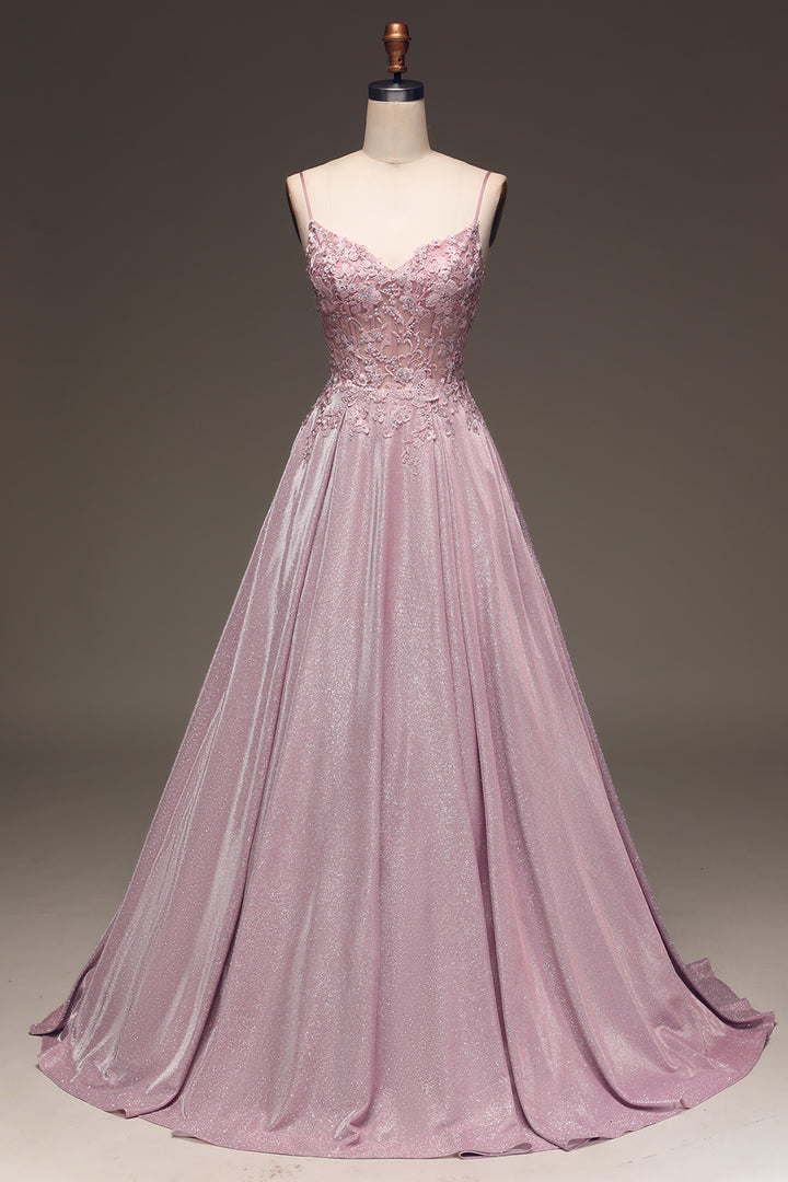 Glitter Spaghetti Straps Blush Prom Klänning med Beading