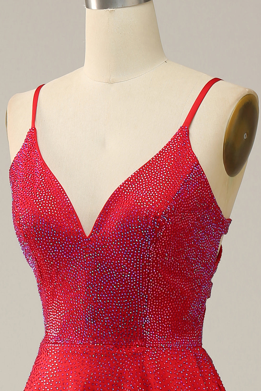 Röd En Linje Spaghetti Remmar Pärlstav Lång Balklänning