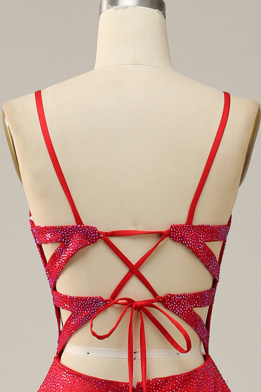 Röd En Linje Spaghetti Remmar Pärlstav Lång Balklänning