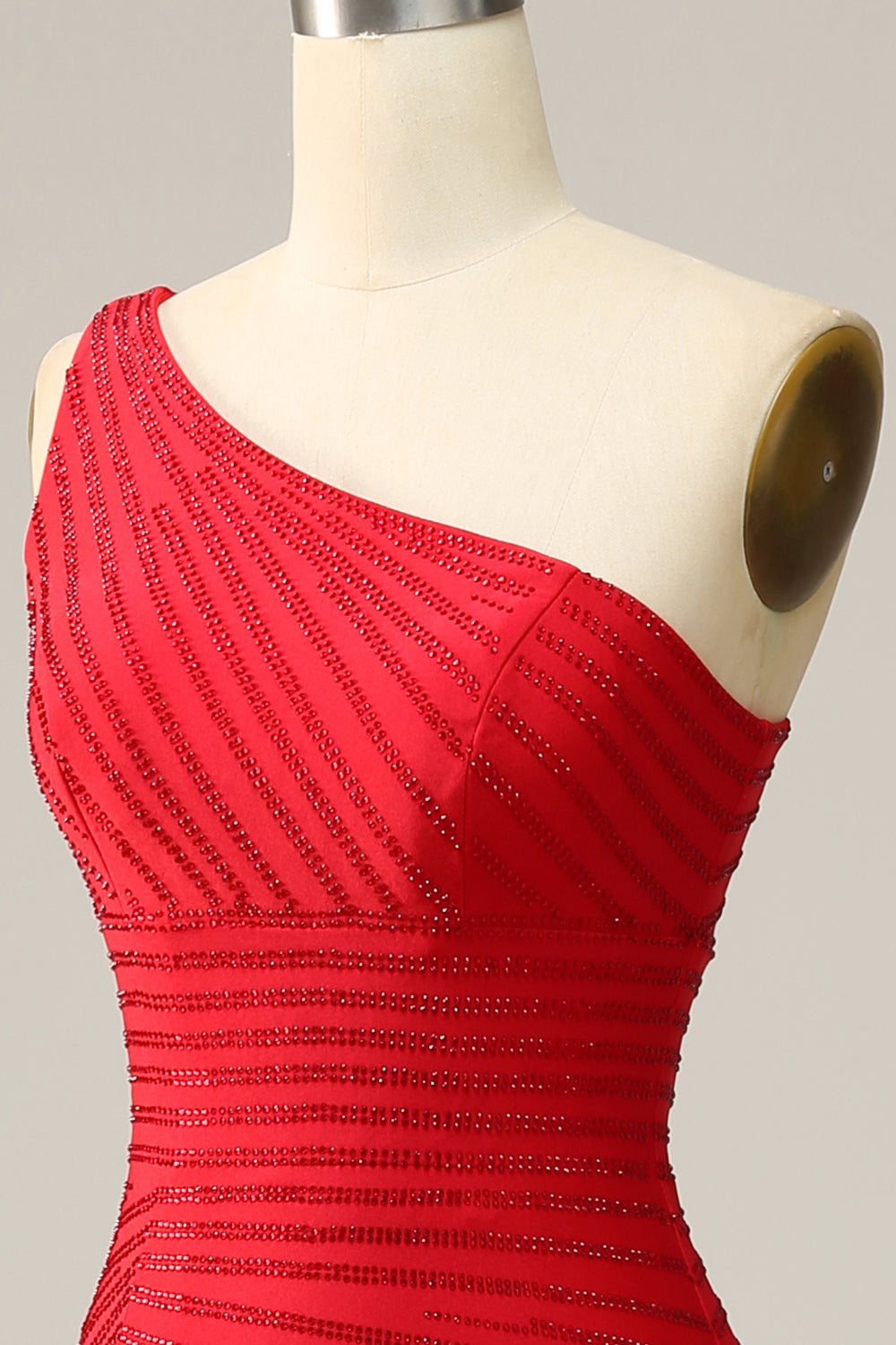 Röd En Axel Sjöjungfru Lång Balklänning Med Hög Slits