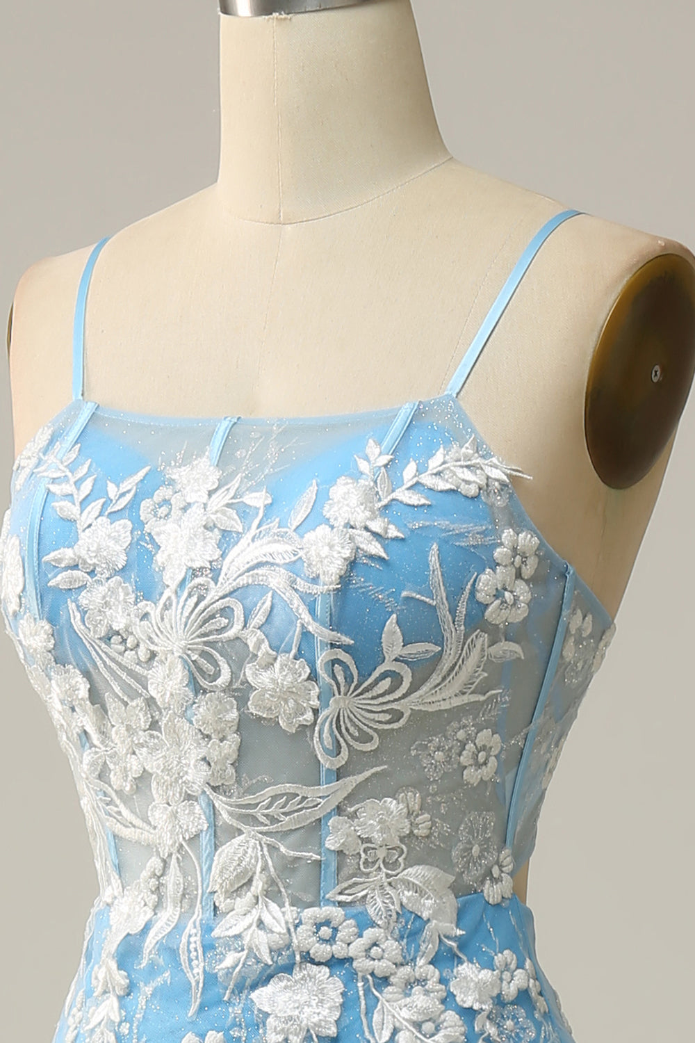 Blå Sjöjungfru Spaghettiband Lång Balklänning Med Applikationer