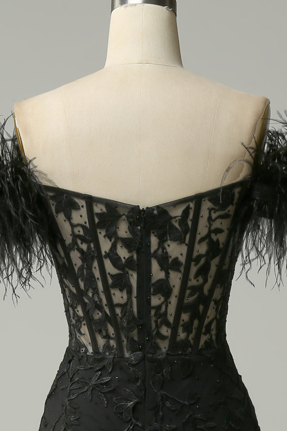 Svart Av Axeln Fjäder Sjöjungfru Lång Balklänning Med Applikationer