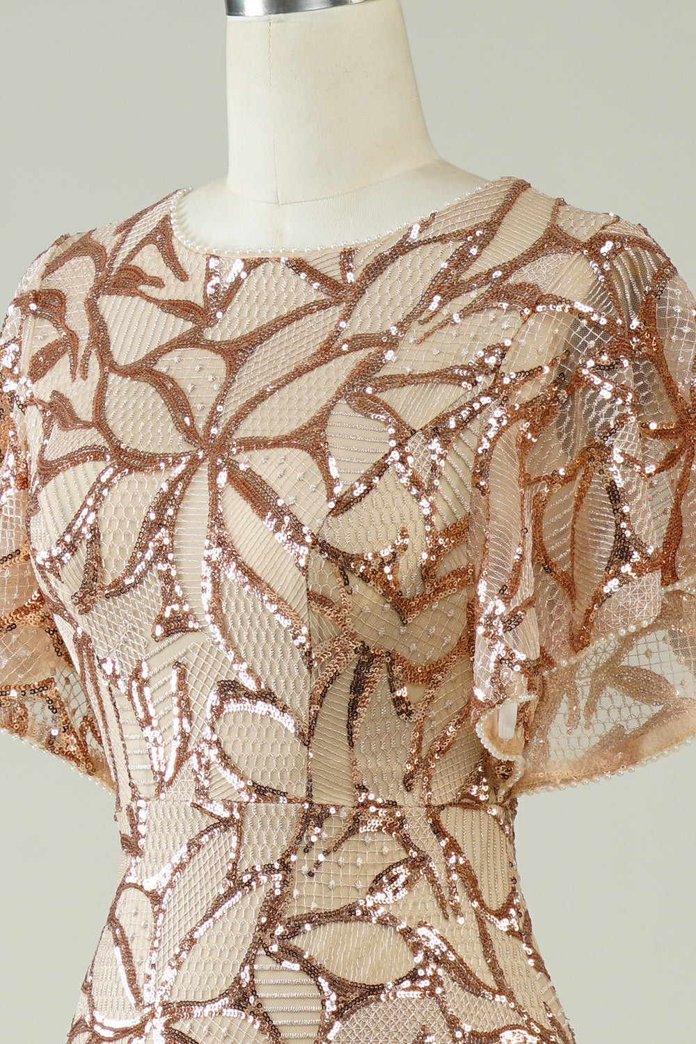 Champagne Paljetter Lång Balklänning med slits tillbaka