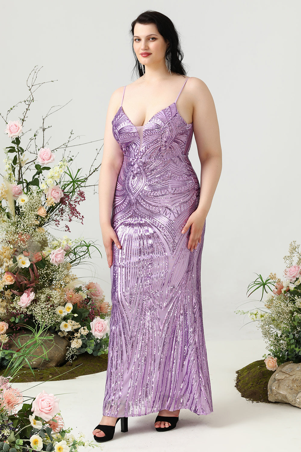 Ljuslila Paljetter Mantel Spaghetti Remmar Plus Size Balklänning