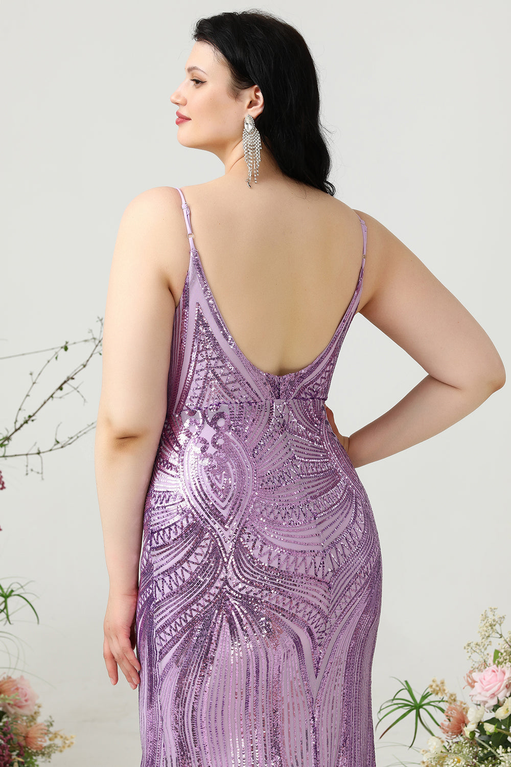 Ljuslila Paljetter Mantel Spaghetti Remmar Plus Size Balklänning