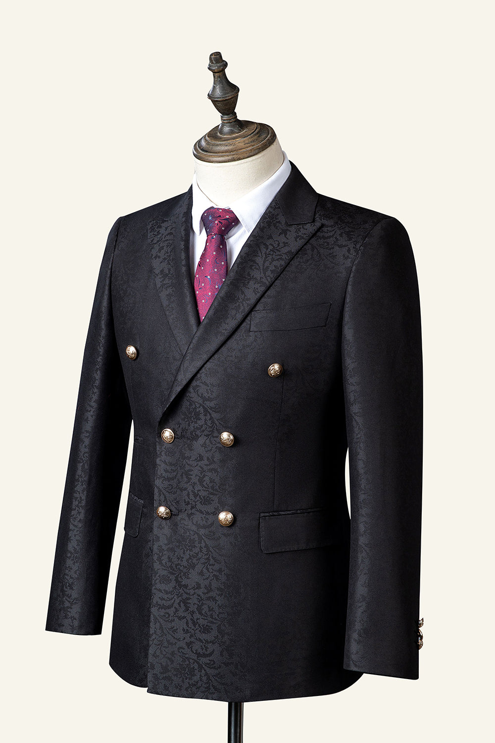 Svart Jacquard dubbelknäppt 3-delad herrdräkt