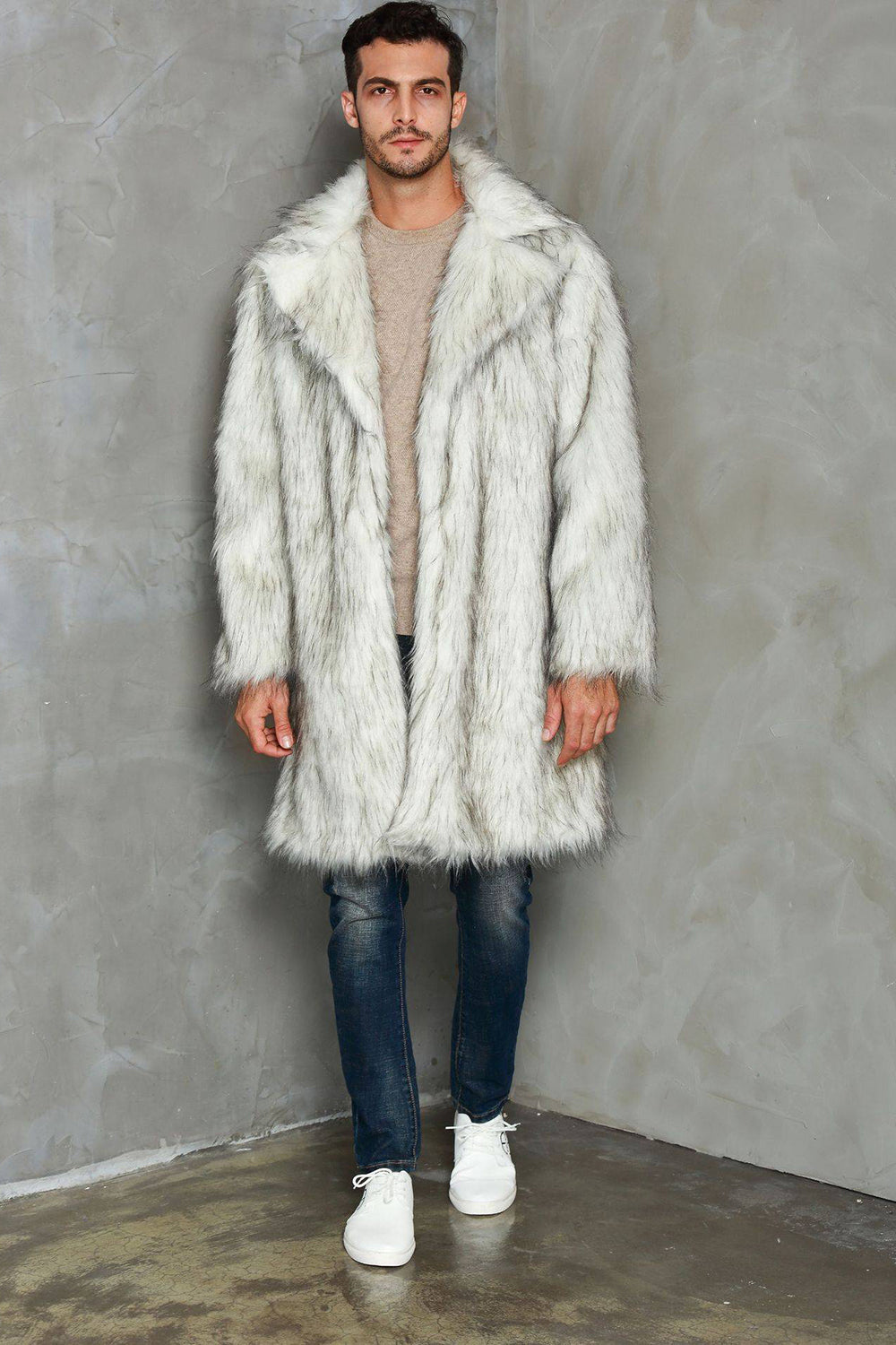 Vit Notched Kavajslag Lång Fuskpäls Män Coat