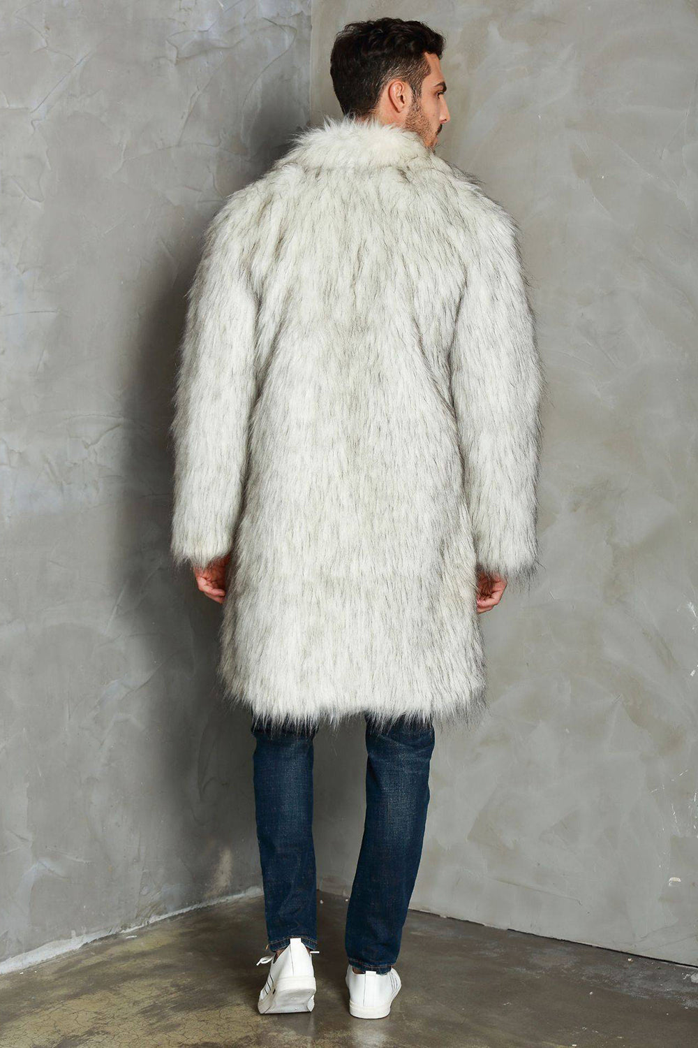 Vit Notched Kavajslag Lång Fuskpäls Män Coat