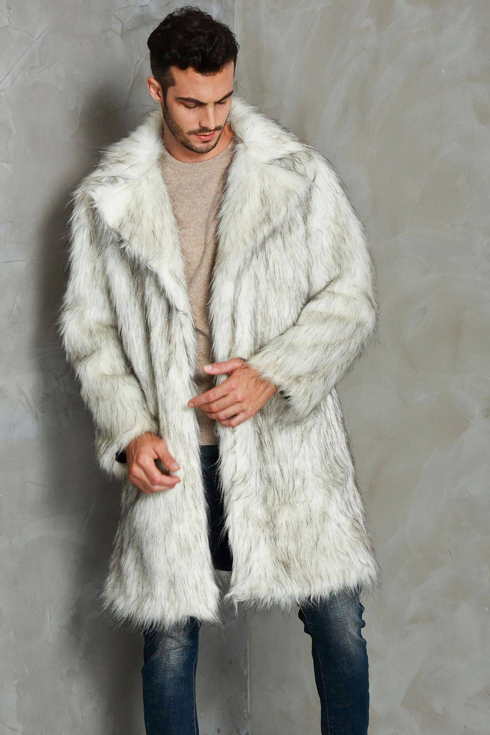 Vit Notched Kavajslag Lång Fuskpäls Män Coat