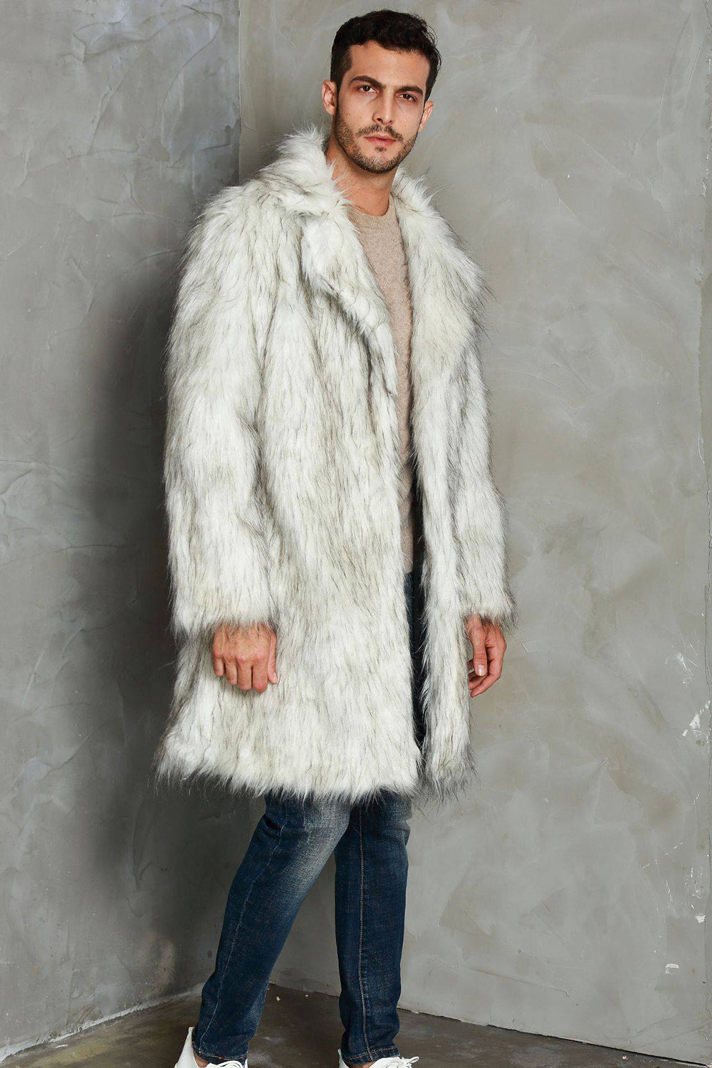Vit Notched Kavajslag Lång Fuskpäls Män Coat