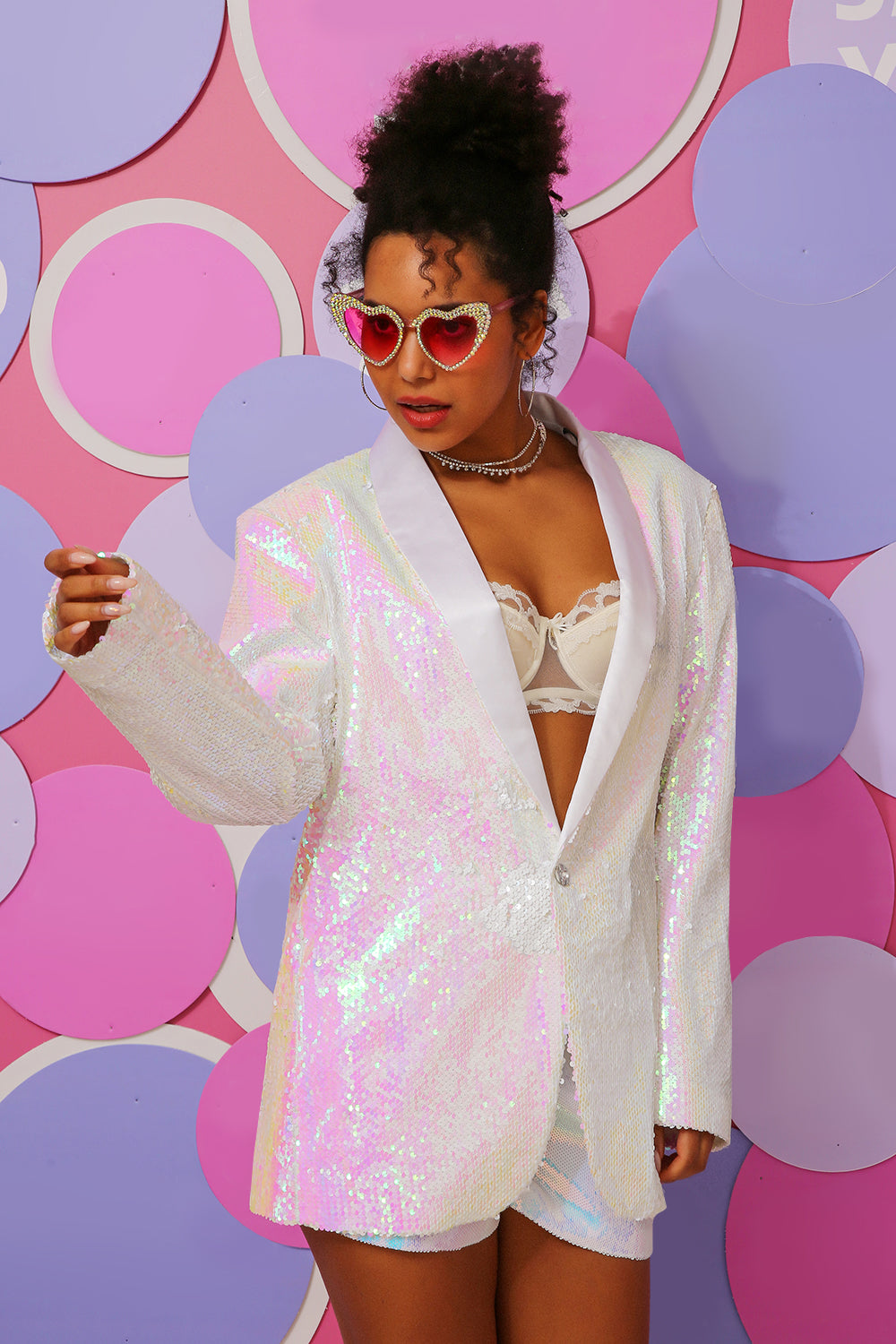 Vita paljetter En knapp Dam Blazer