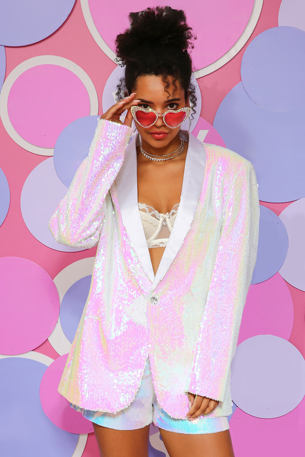 Vita paljetter En knapp Dam Blazer