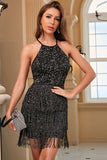 Svart Paljett Cocktailklänning med Fransar
