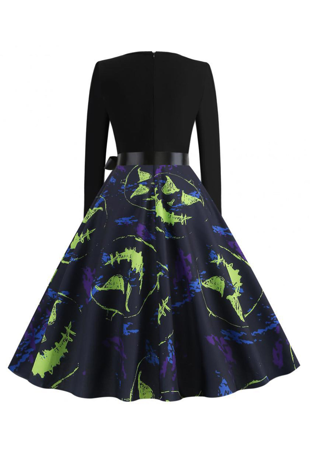 V-Ringning Svart Halloween Tryckt Vintage Klänning