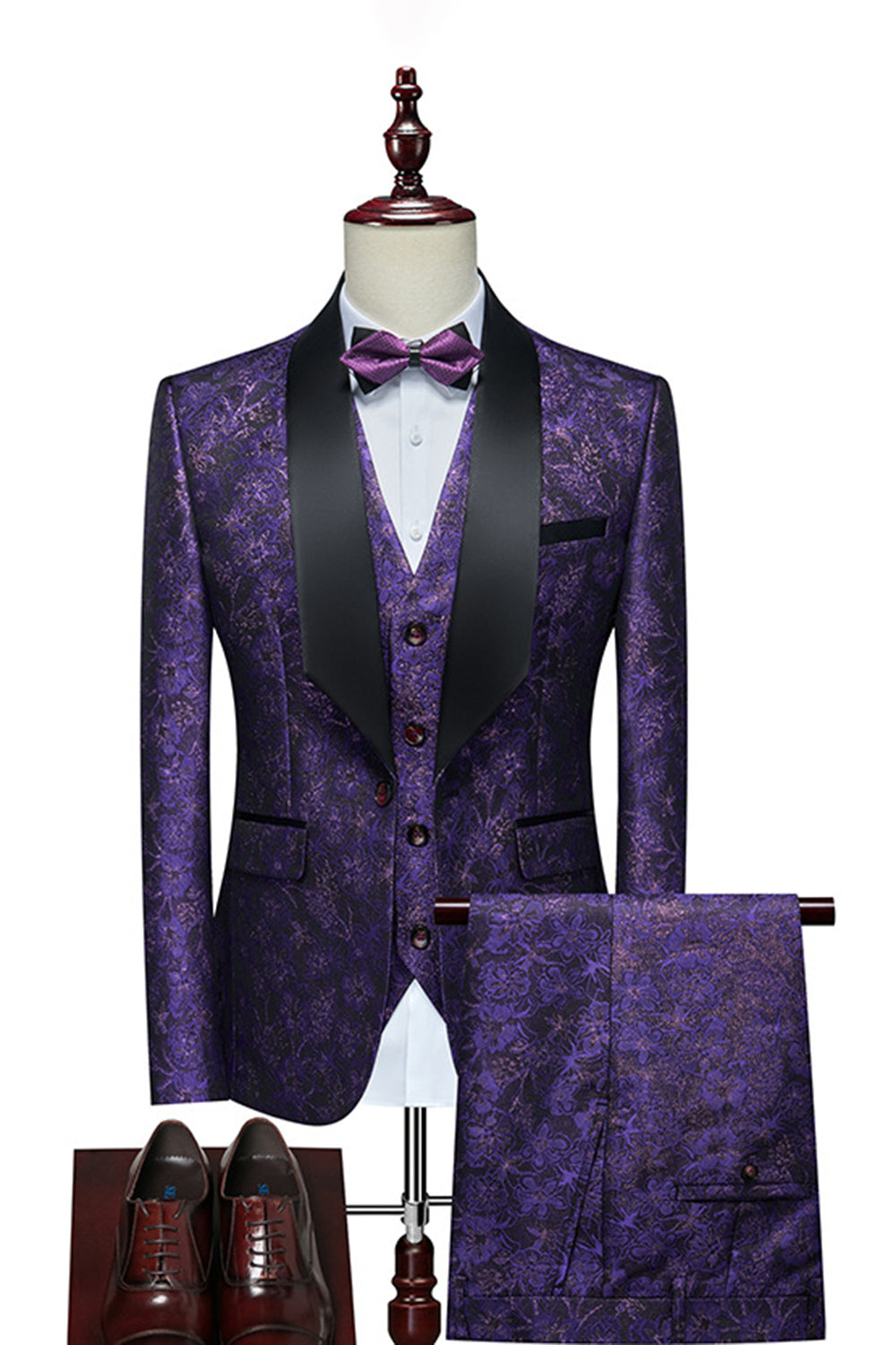 Vit Jacquard Sjal Lapel 3 Stycken Kostym Herr