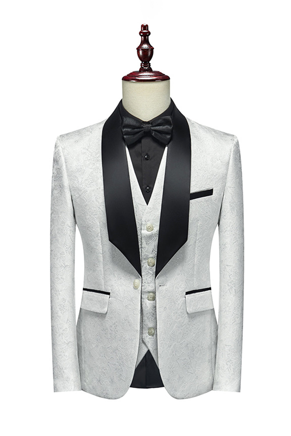 Vit Jacquard Sjal Lapel 3 Stycken Kostym Herr