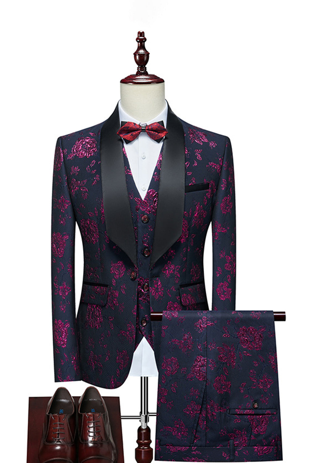 Röd Jacquard Sjal Lapel 3 Stycken Kostym Herr