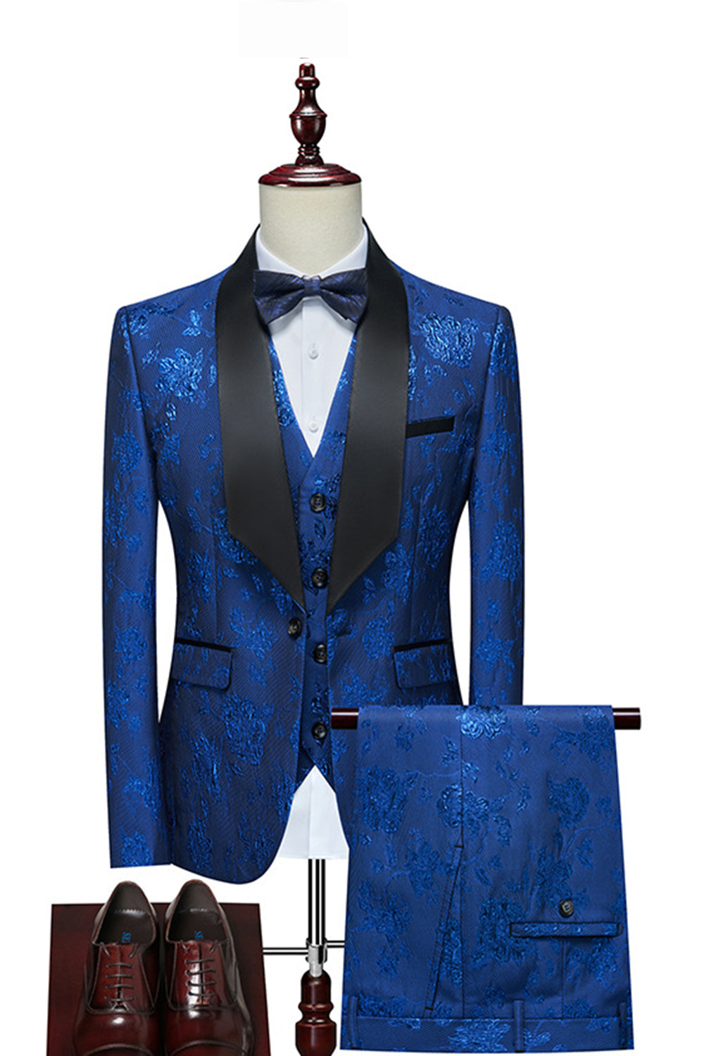 Röd Jacquard Sjal Lapel 3 Stycken Kostym Herr