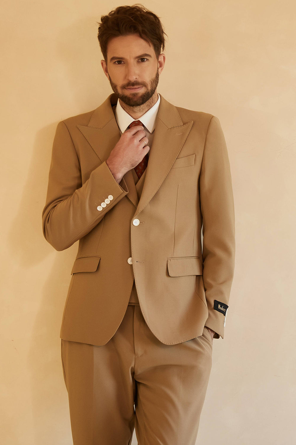 Brun 3-Delad Peaked Lapel Two Button Bröllopskostym Herr