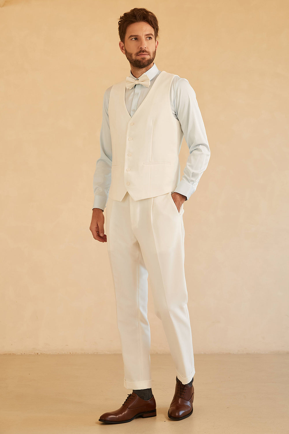 Vit 3-Delad Peaked Lapel Two Button Bröllopskostym Herr