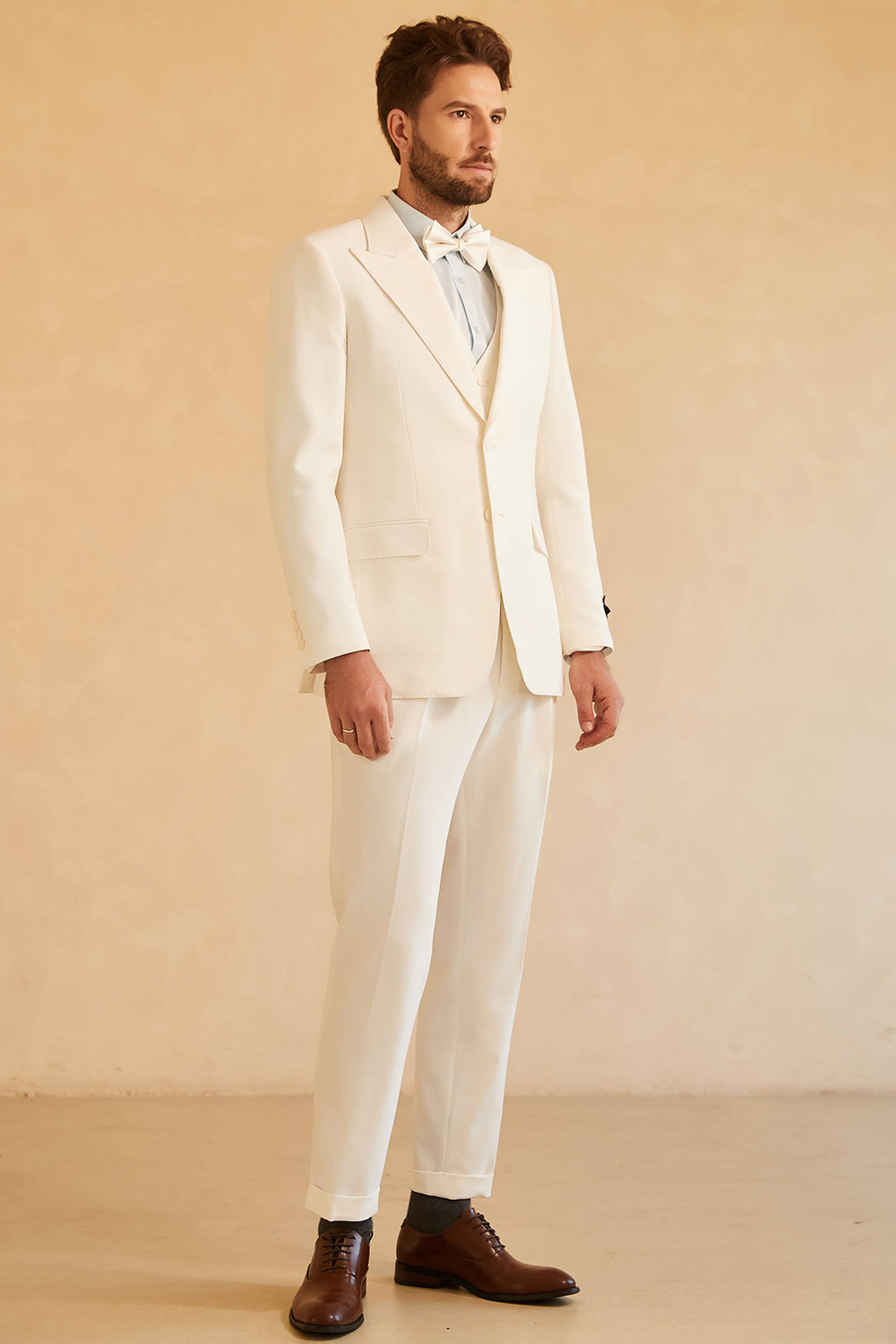 Vit 3-Delad Peaked Lapel Two Button Bröllopskostym Herr