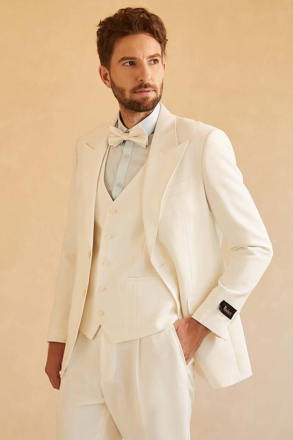Vit 3-Delad Peaked Lapel Two Button Bröllopskostym Herr
