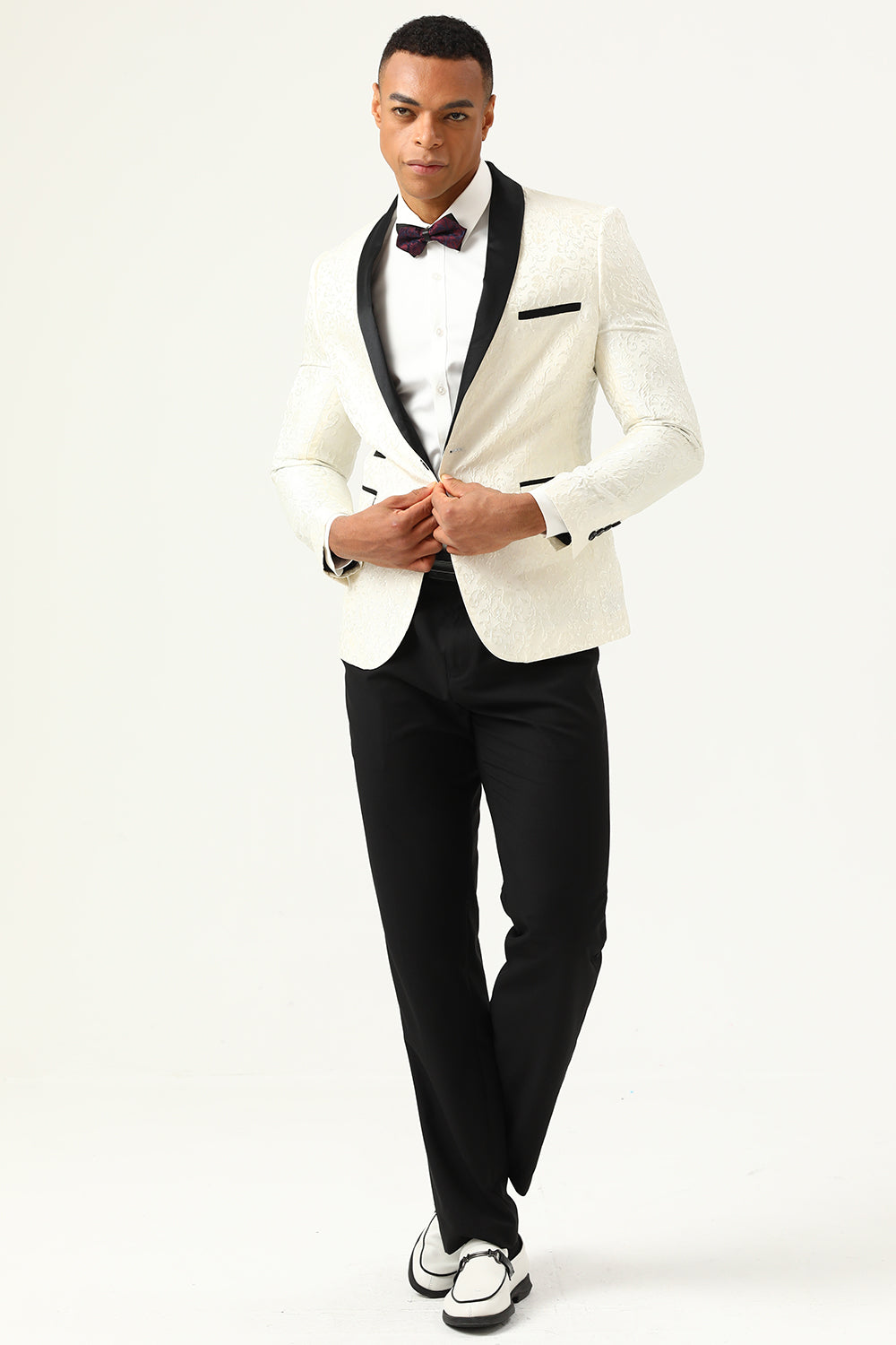 En knapp vit sjal Lapel Jacquard Herrbal Blazer