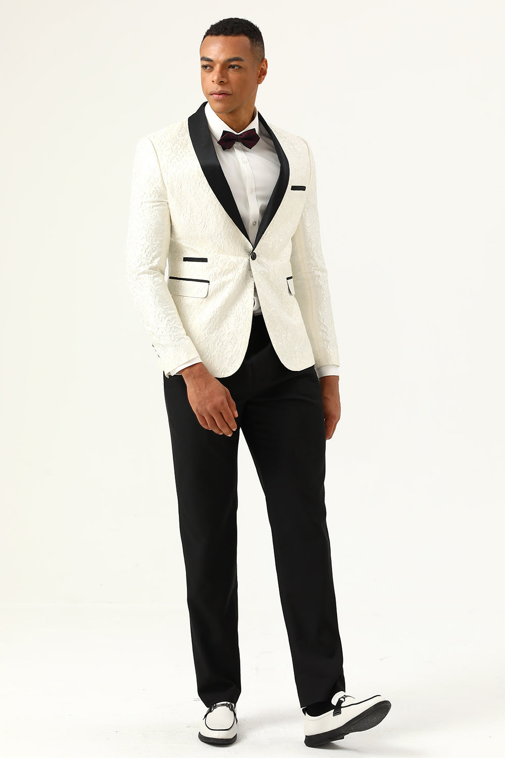 En knapp vit sjal Lapel Jacquard Herrbal Blazer