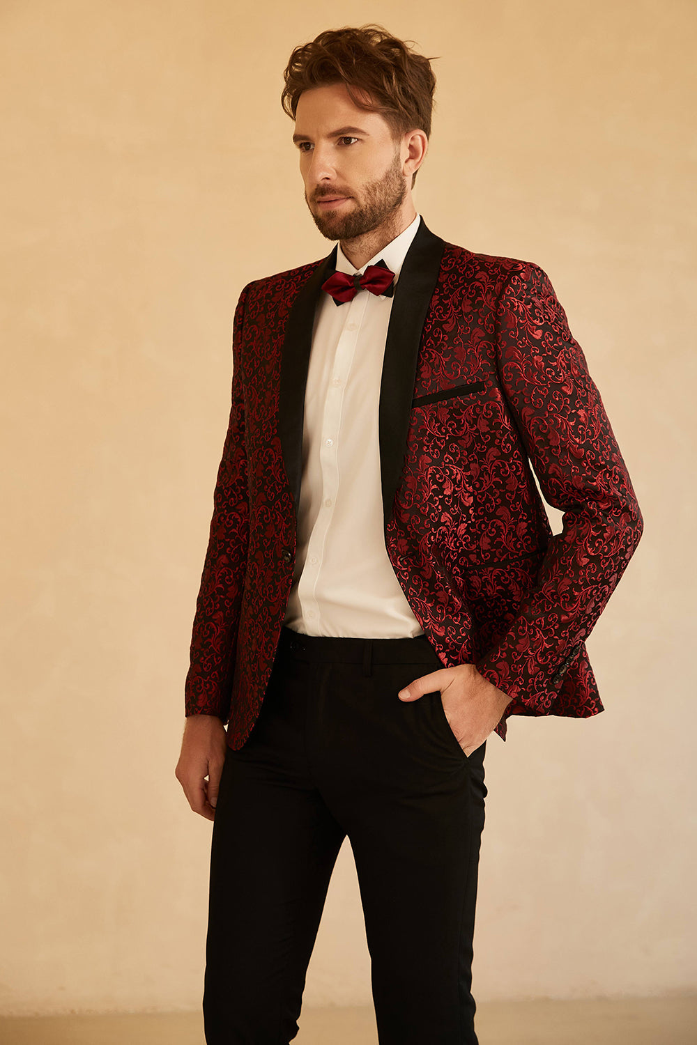Vit Sjal Lapel Jacquard En Knapp Mäns Bal Kavaj