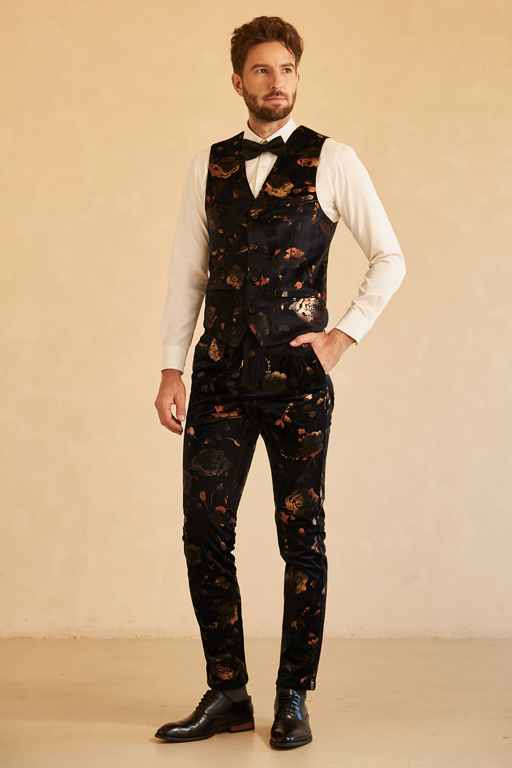 Svart 3-Delad Printed Double Breasted Peaked Lapel Kostym Herr