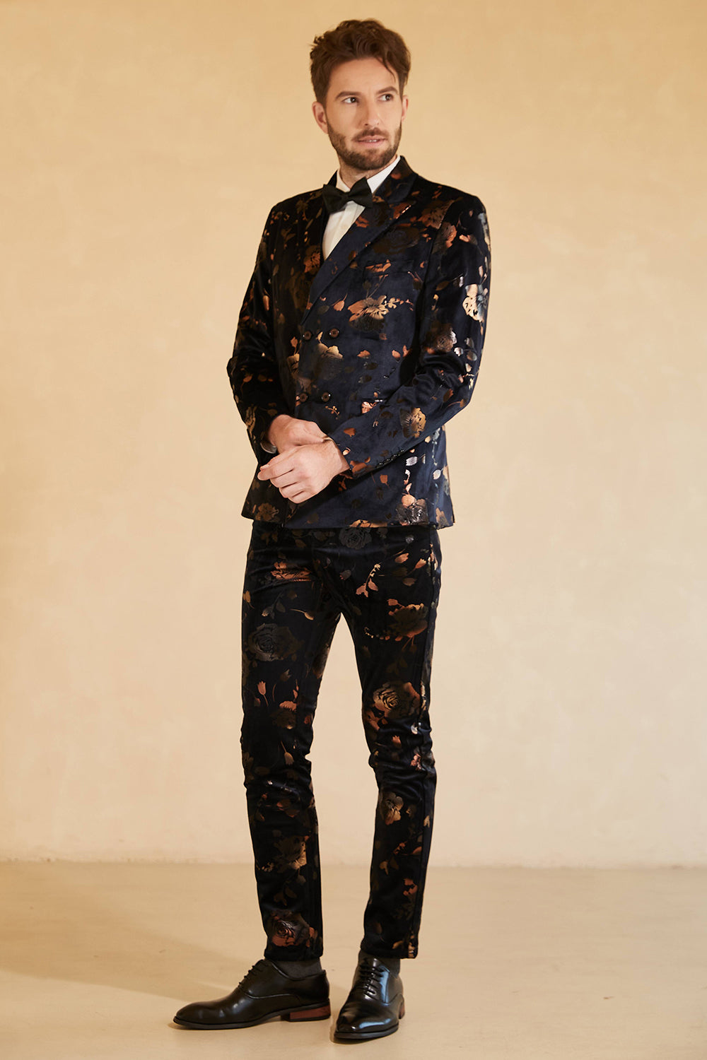 Svart 3-Delad Printed Double Breasted Peaked Lapel Kostym Herr