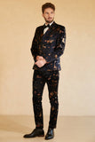 Svart 3-Delad Printed Double Breasted Peaked Lapel Kostym Herr
