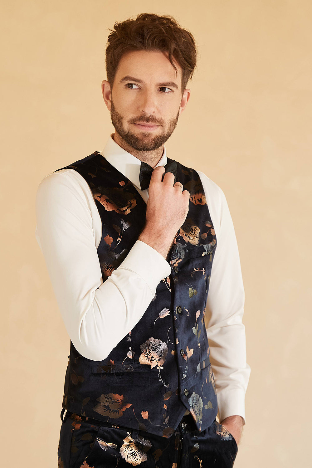 Svart 3-Delad Printed Double Breasted Peaked Lapel Kostym Herr