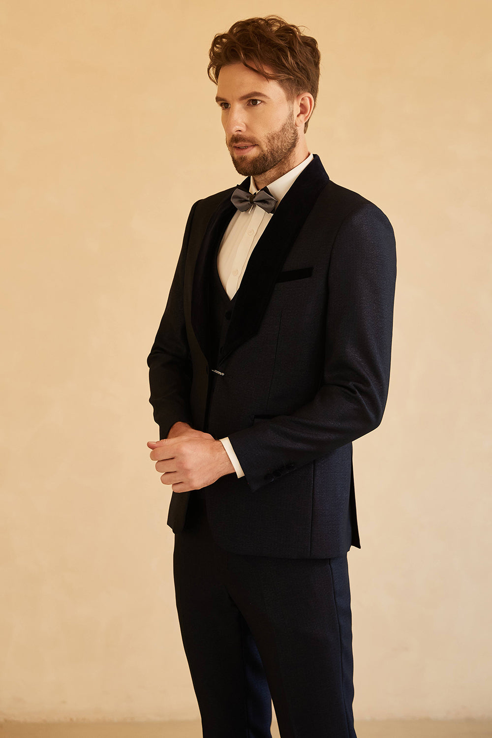 Marinblå 3-Delad En Knapp Shawl Lapel Bröllopskostym Herr Tuxedo